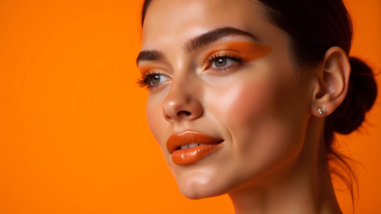 Bold makeup and vibrant orange backdrop create a captivating portrait.