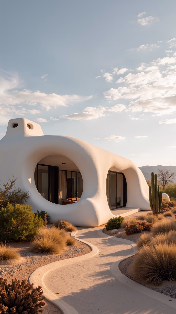 Modern organic architecture in a desert setting, capturing the essence of harmony and serenity.