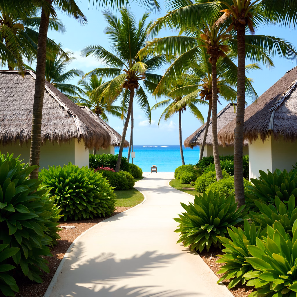 A tranquil pathway leading to a tropical paradise with lush greenery and turquoise waters.