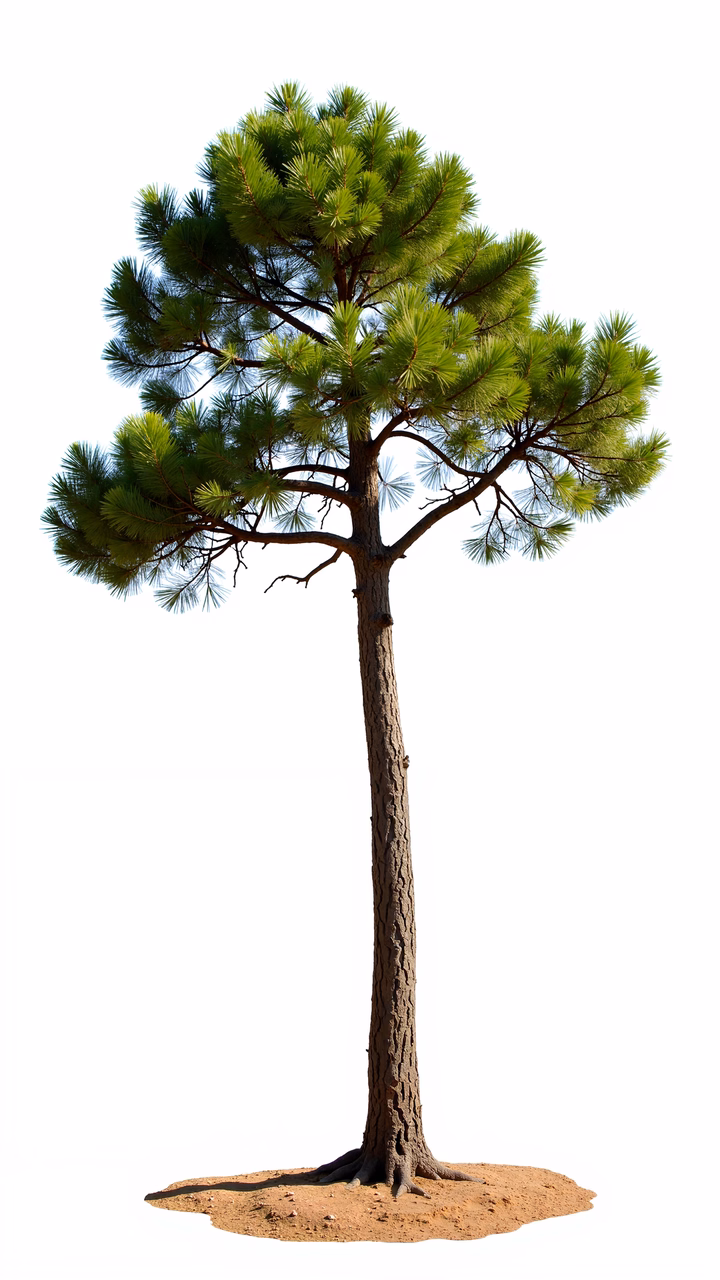Detailed pine tree illustration with lush green needles and a rugged brown trunk.
