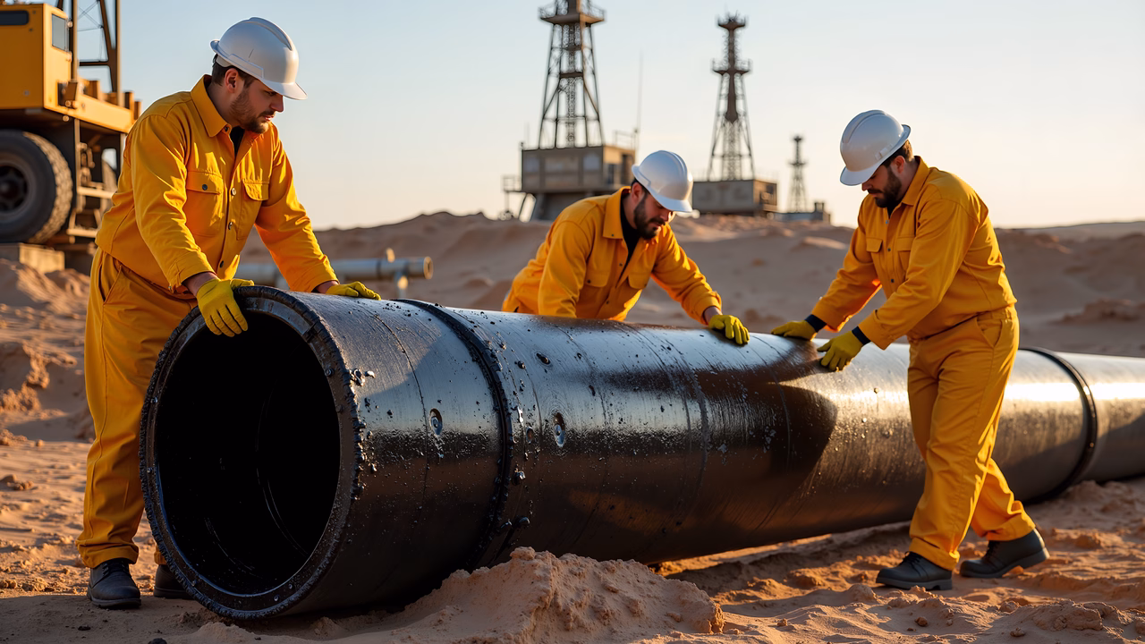 Workers in bright yellow uniforms handle a large black pipeline in a sunny desert setting.