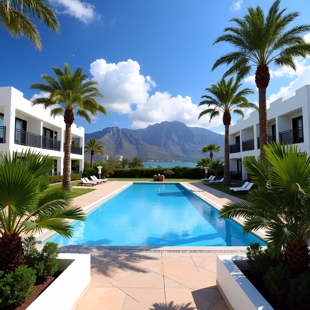 Modern poolside retreat with palm trees and clear skies, perfect for relaxation.
