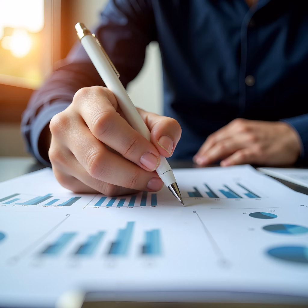 Close-up of hands analyzing business data with precision and focus.