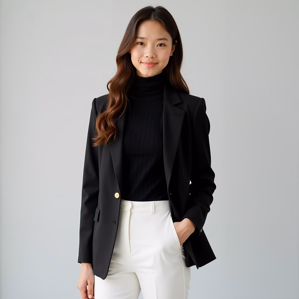 Professional fashion portrait with sleek black blazer and crisp white pants.