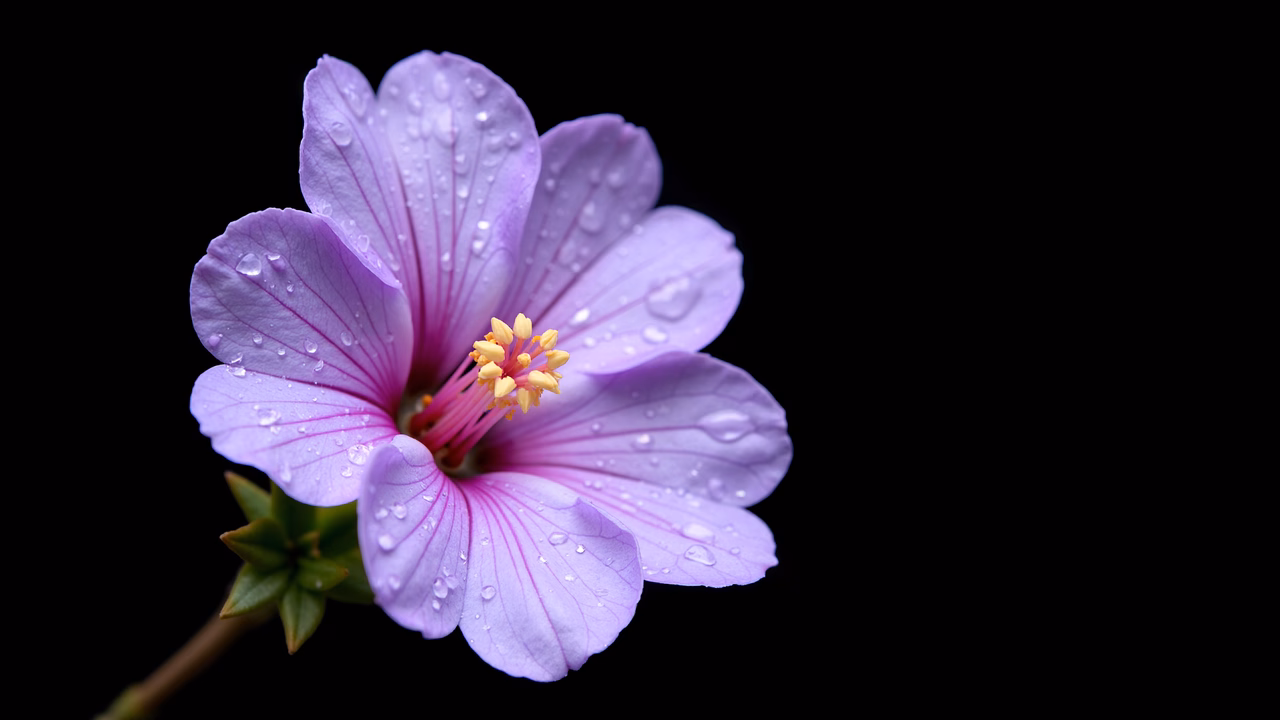 Close-up of a dew-covered purple flower against a black background.