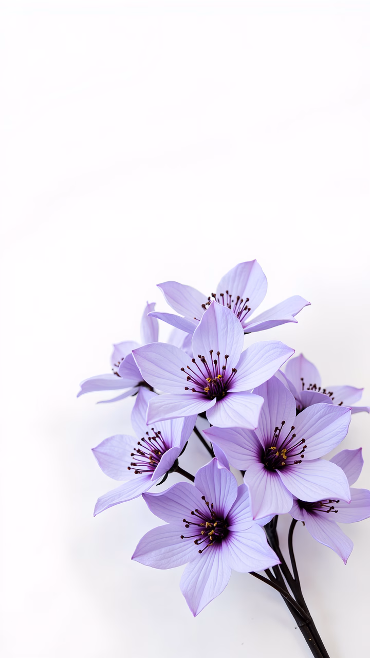 Delicate purple flowers against a white backdrop, creating a serene and beautiful scene.