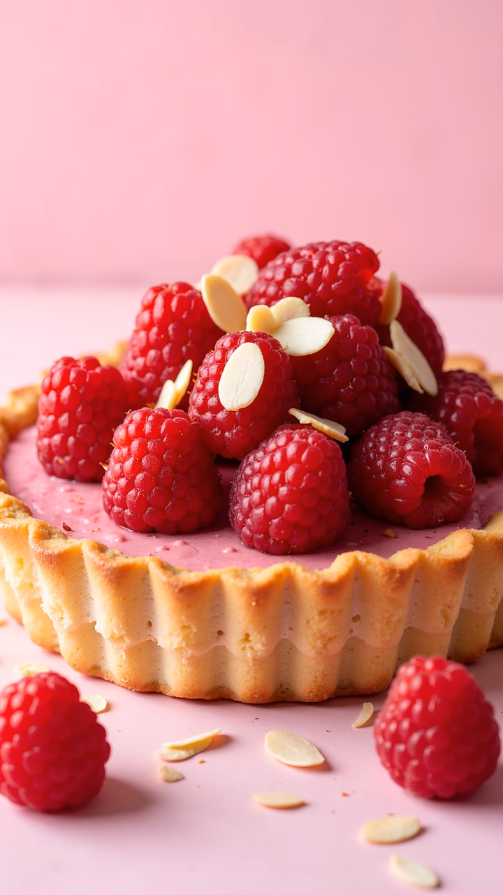 A beautifully presented raspberry tart with a golden crust and vibrant pink filling, garnished with slivered almonds.
