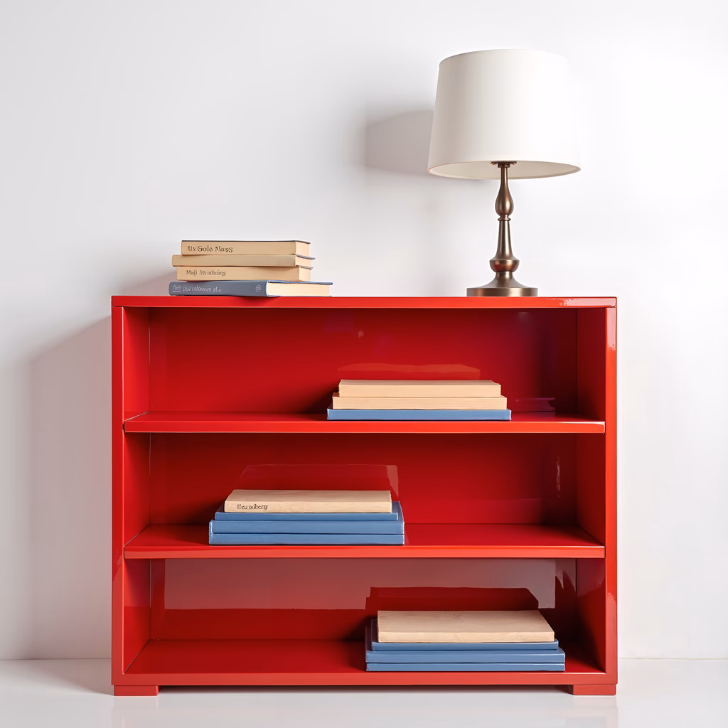 Bright red bookshelf with neatly arranged books and a classic lamp, minimalist interior design.