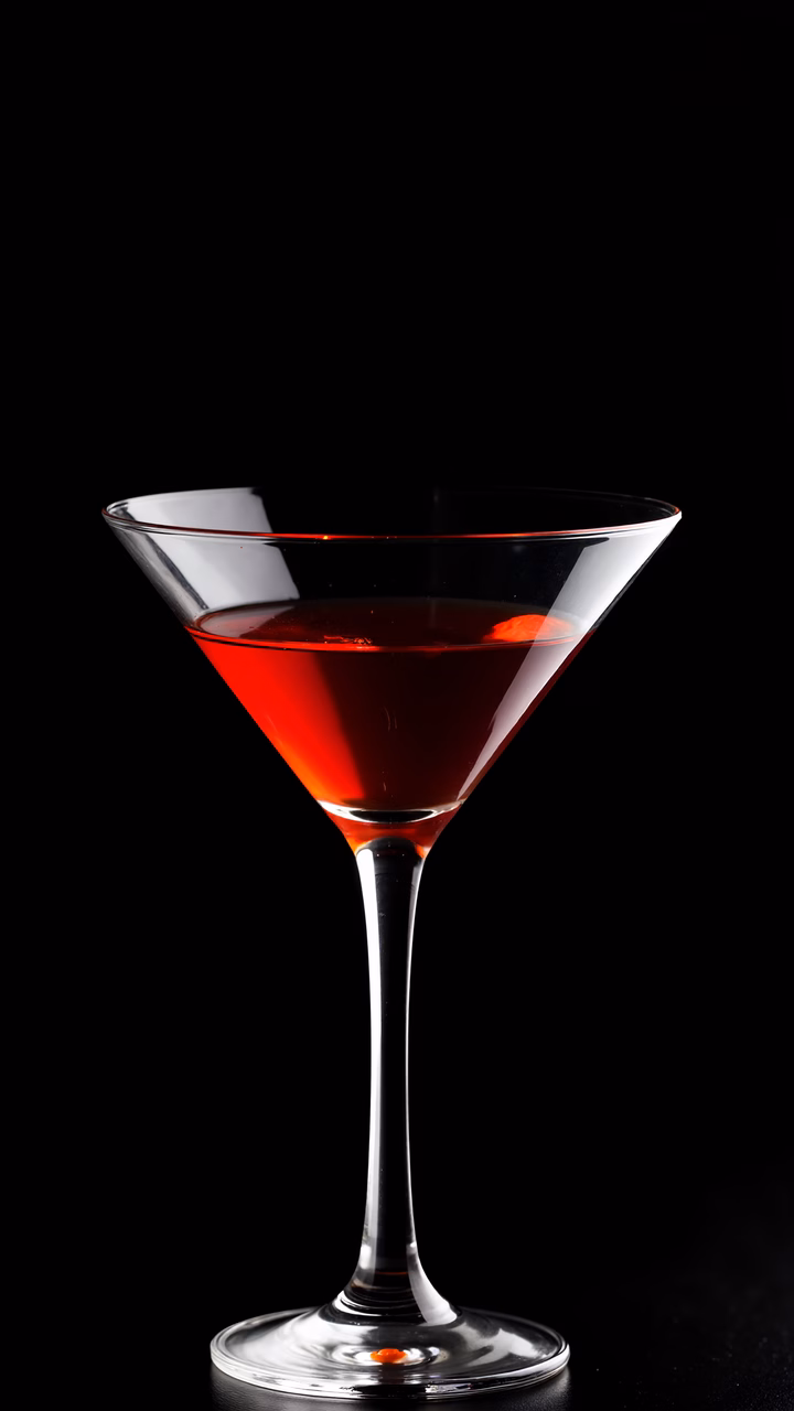 Elegant red cocktail in a martini glass on a black background.