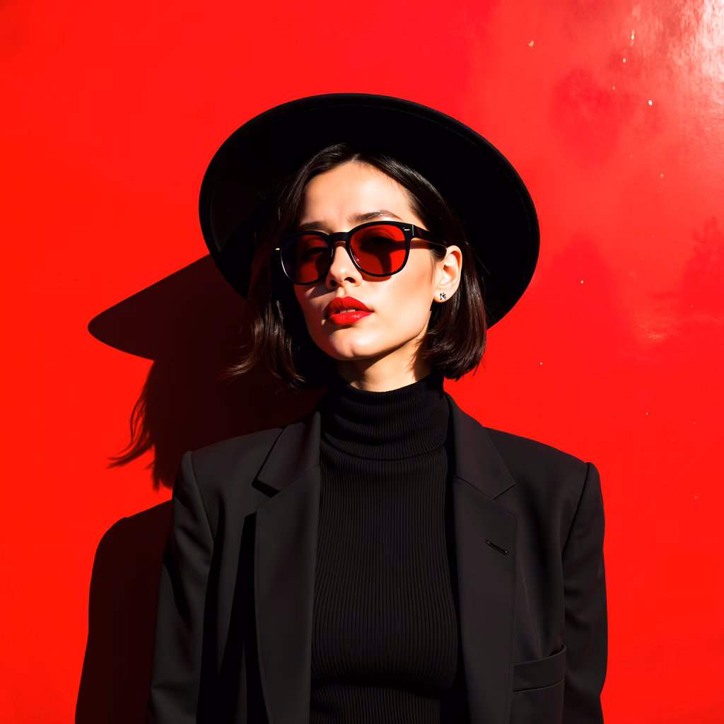 Bold fashion statement against a vivid red backdrop.