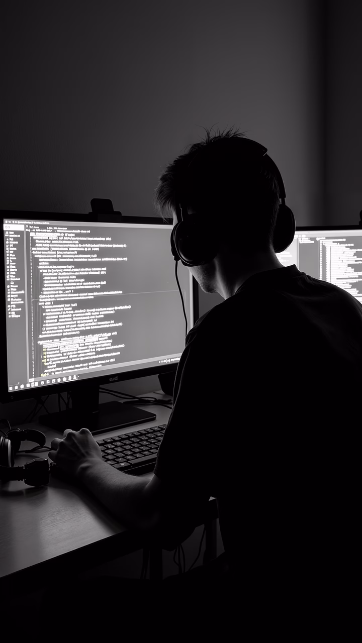 Monochrome silhouette of a programmer coding, emphasizing focus and dedication.
