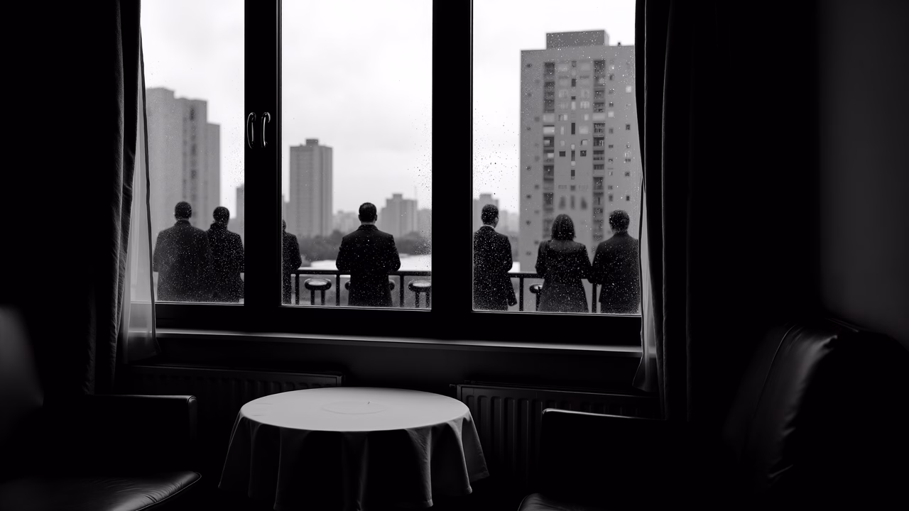 Silhouettes through the rain, urban reflections, contemplative mood.