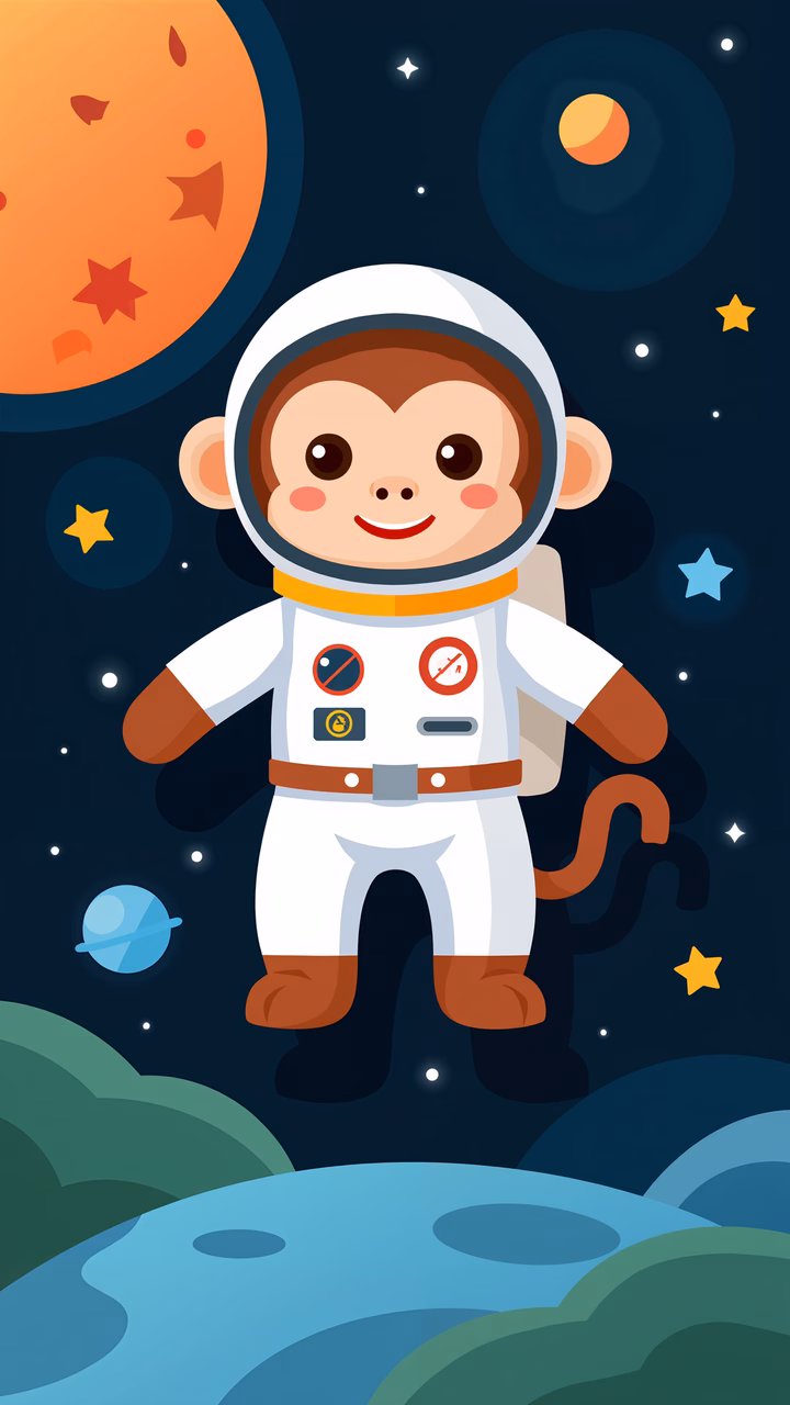A cute monkey astronaut in space, perfect for children's decor.