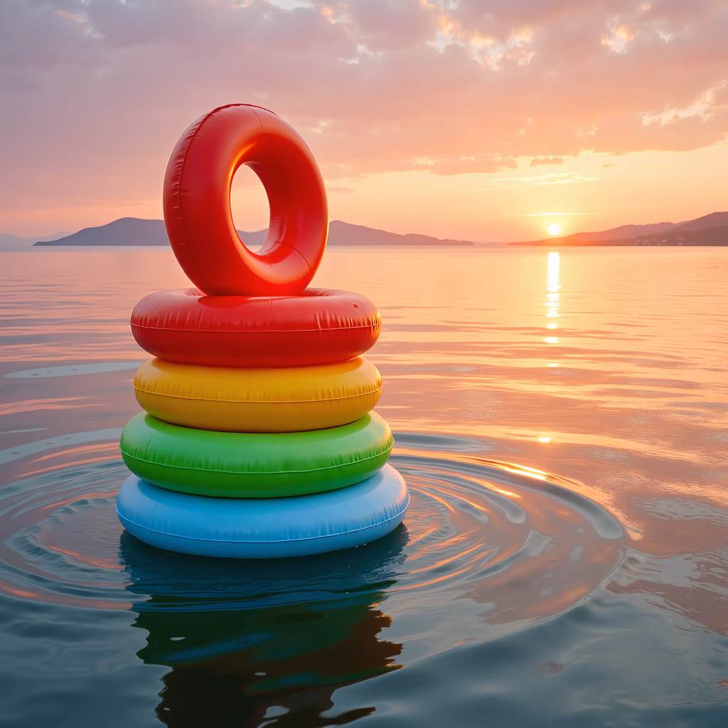 Colorful inflatable rings floating on calm waters during a stunning sunset.