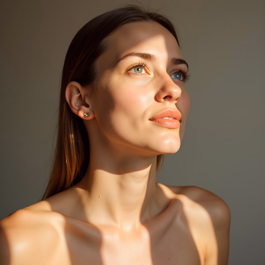 Close-up portrait of a sunlit beauty with soft natural lighting and elegant details.