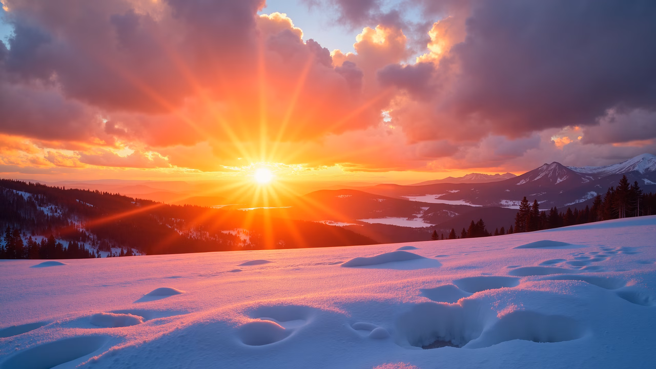 A stunning sunset over snow-covered mountains, capturing the beauty of nature in a serene and dramatic setting.