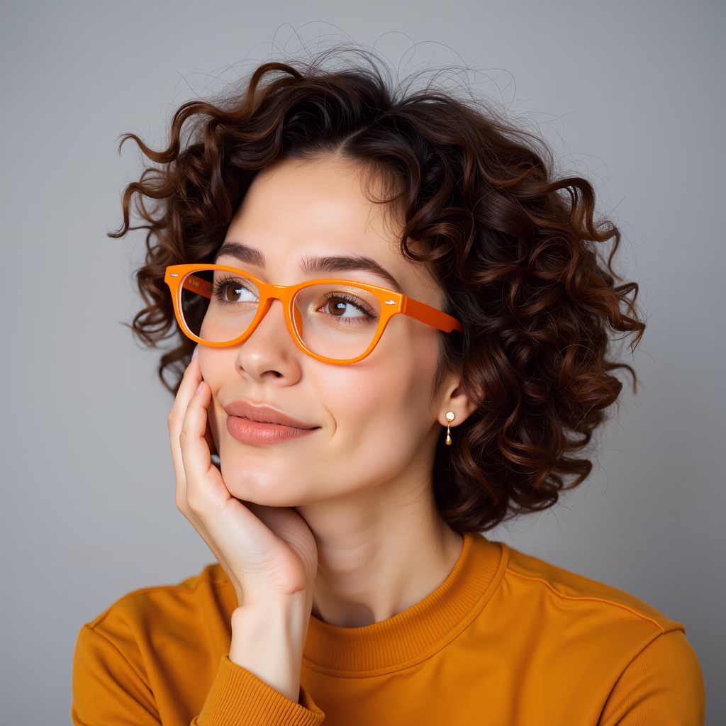 Close-up portrait of a woman with curly hair, wearing orange glasses and a mustard yellow sweater, exuding warmth and contemplation.