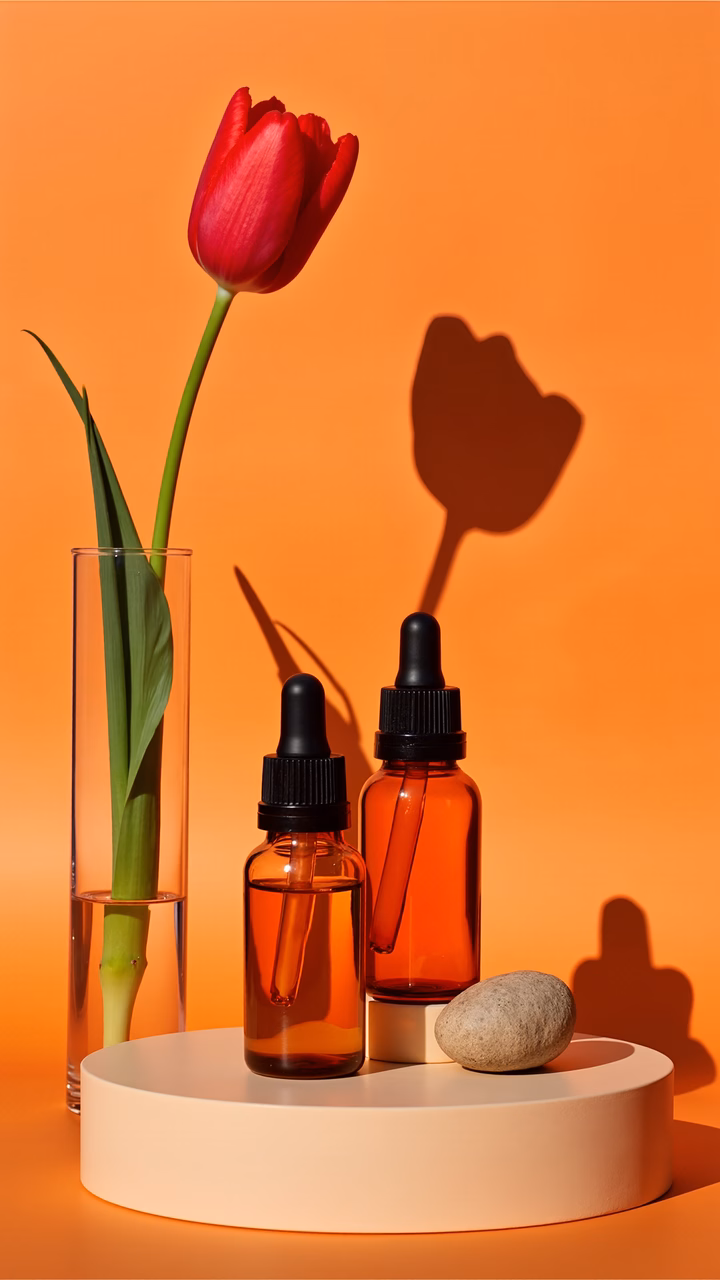 Vibrant still life with tulip and amber bottles on an orange background.