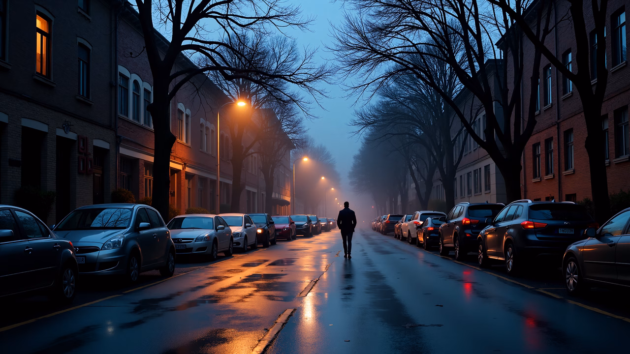 Solitary figure walking in a quiet urban evening street, illuminated by streetlights against a cool blue sky.