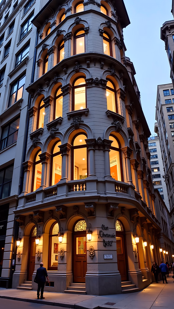 Vintage building facade with warm evening lighting and intricate architectural details.