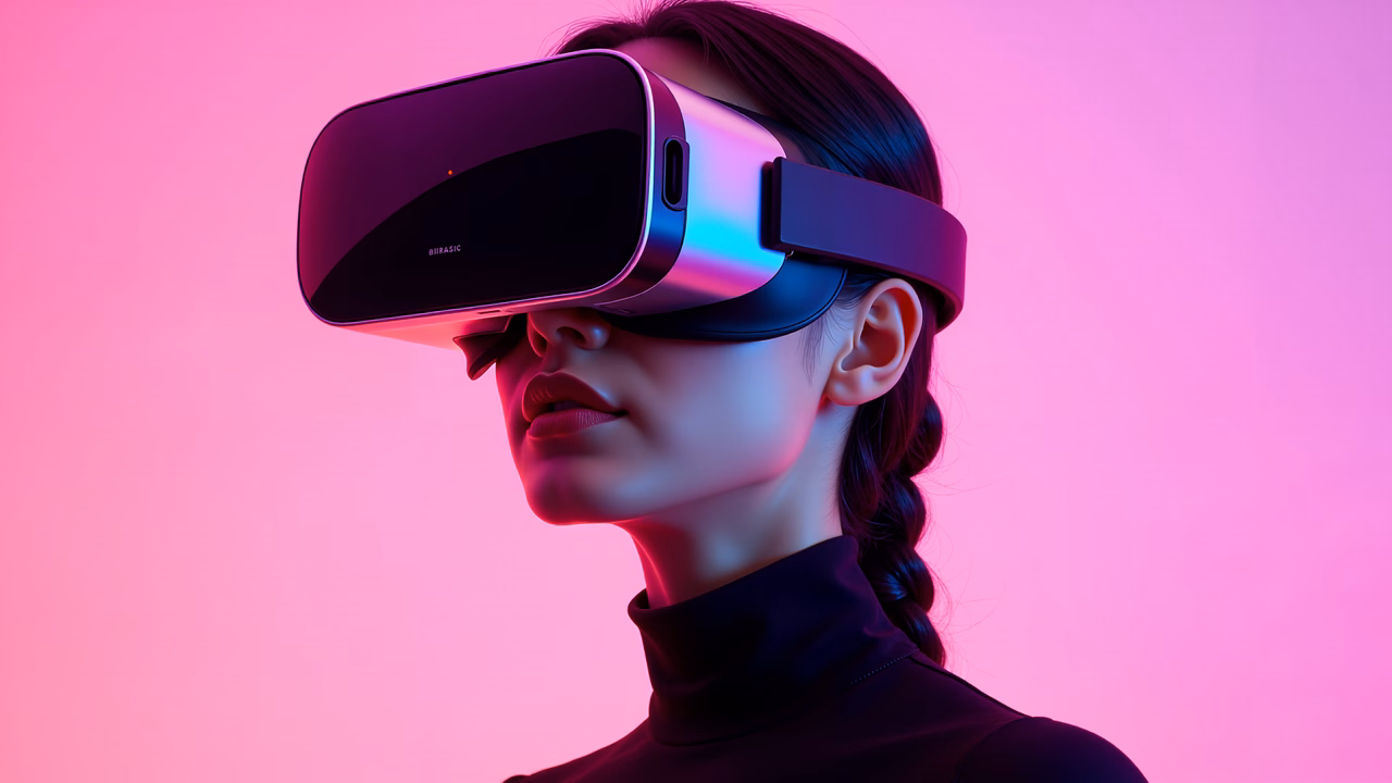 Close-up of a person wearing a VR headset against a vibrant pink background, emphasizing modern technology and immersive experience.