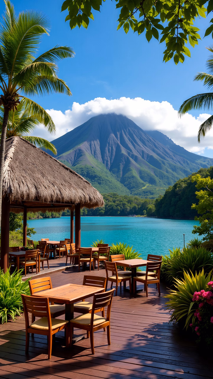 A picturesque outdoor dining setup with a volcanic mountain view.