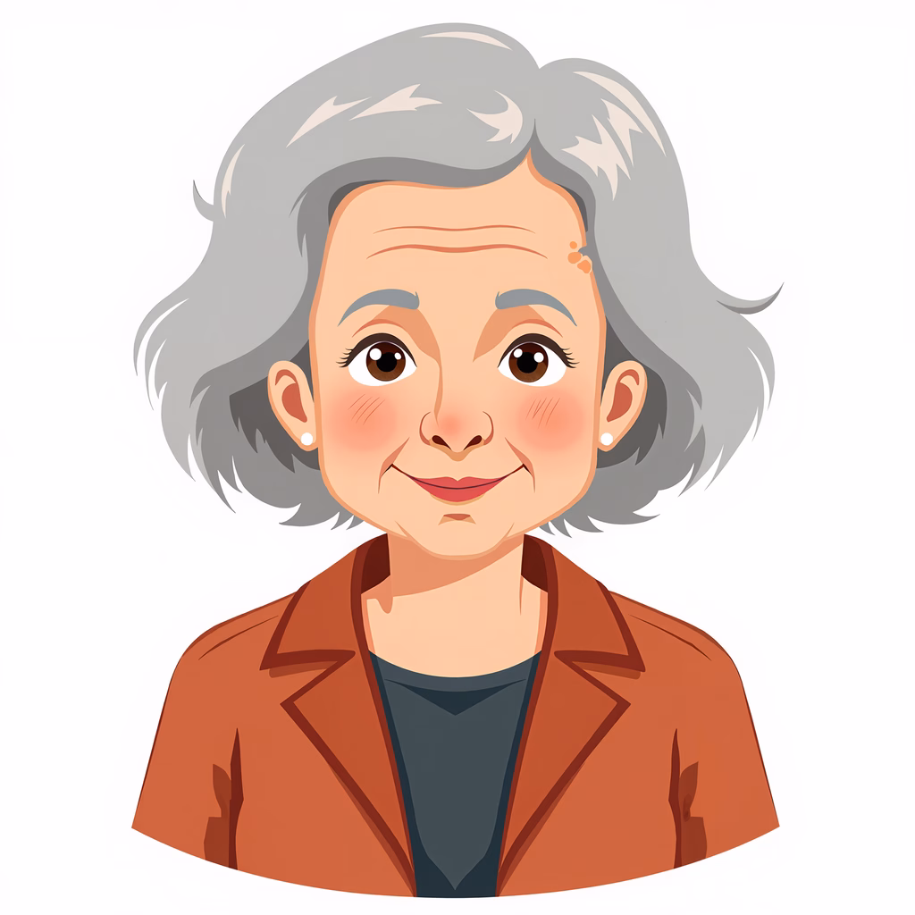 A warm and inviting portrait illustration of an elderly woman with a gentle smile and vibrant colors.
