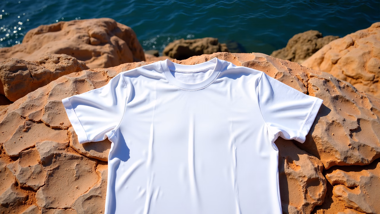 A white T-shirt resting on red rocks near the ocean, showcasing a serene coastal scene.