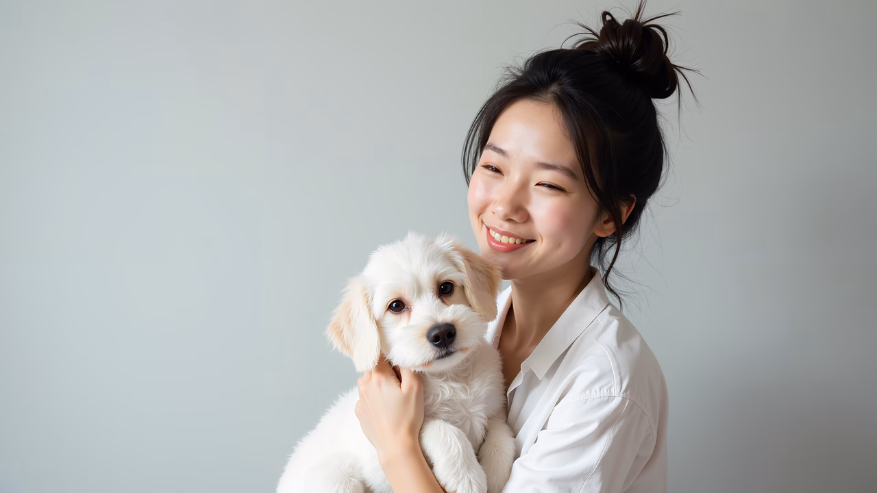 Warm portrait of a woman holding her puppy, sharing joy and affection.