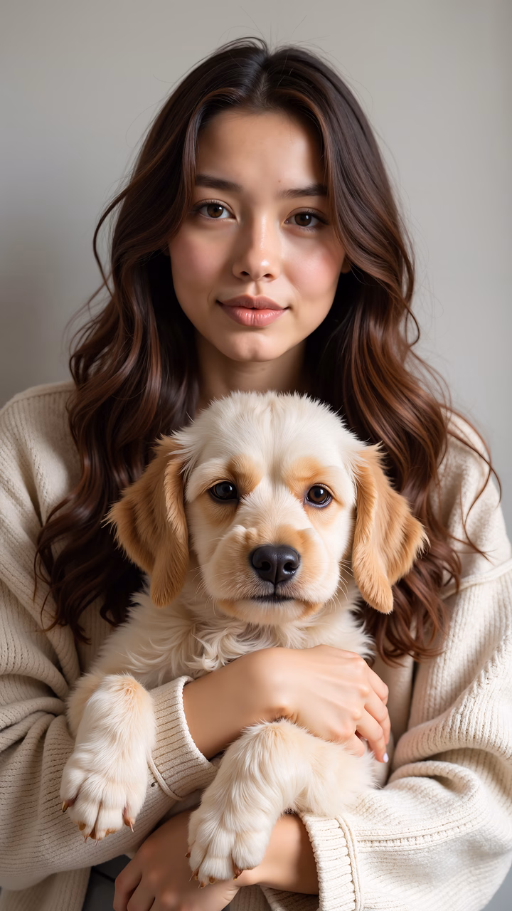 Warm portrait of a woman holding a fluffy puppy, evoking affection and comfort.