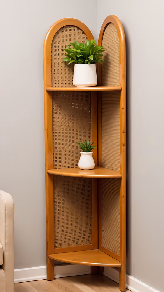 Wooden Corner Shelf with Cane Back