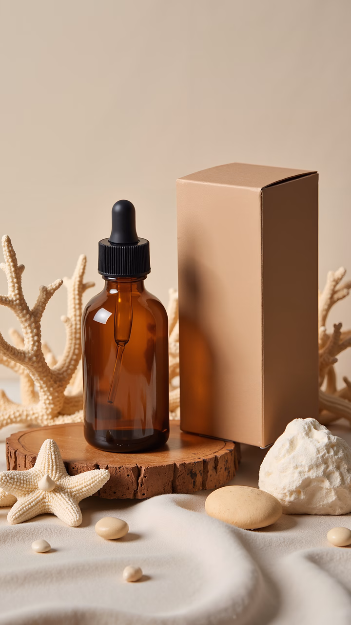 Close-up of an amber dropper bottle surrounded by sea-themed decor on a sandy surface.
