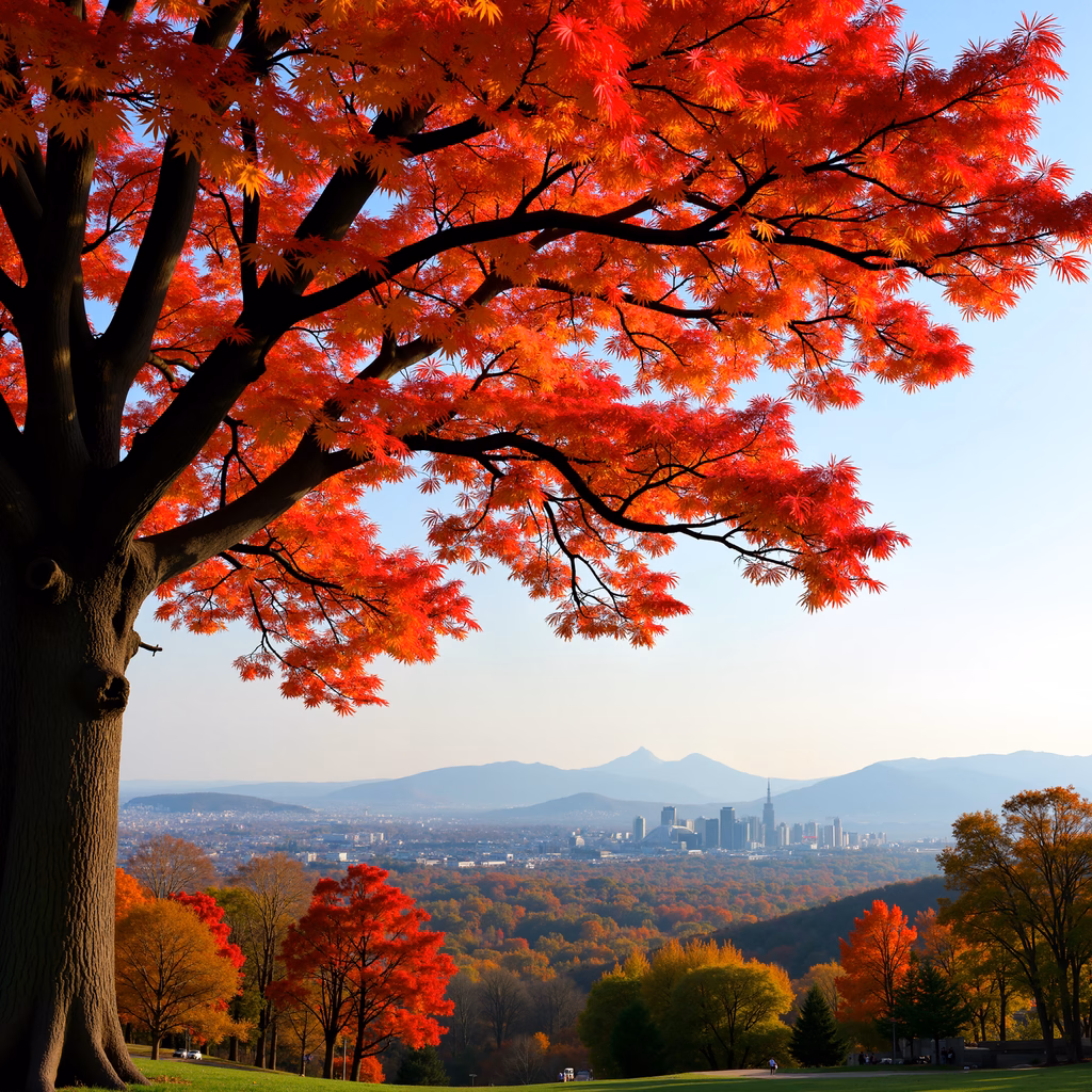 Vibrant autumn colors and city skyline contrast in a serene urban landscape.