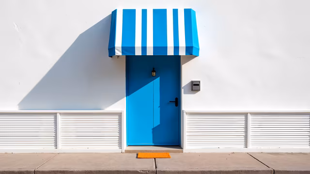 Blue Door with Striped Awning