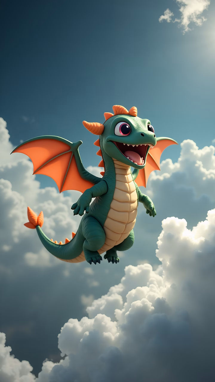 A happy cartoon dragon flying high against a cloudy sky.