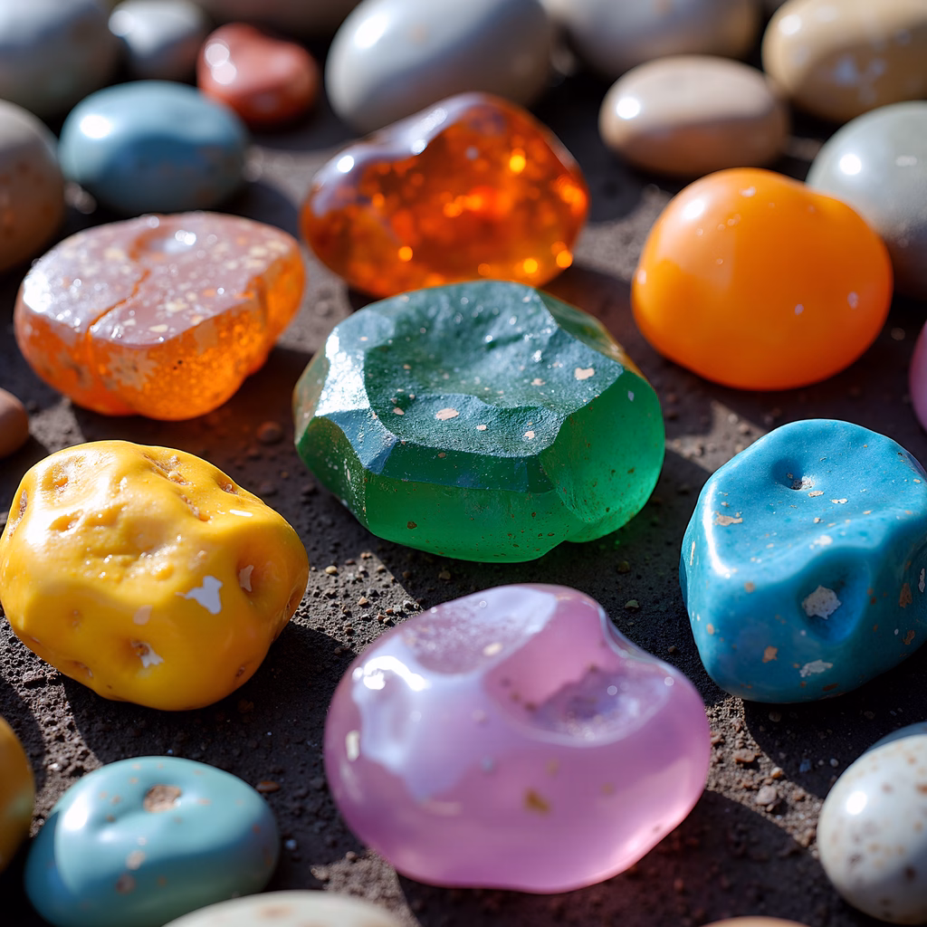Vibrant, glossy stones scattered on a dark surface, showcasing nature's diversity.