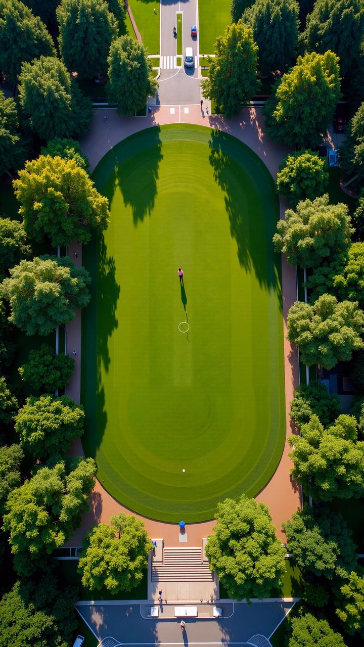 Aerial shot of a green oval track surrounded by trees, capturing tranquility and natural beauty.