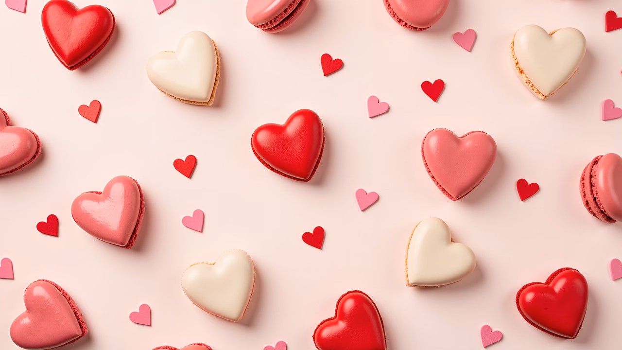 Heart-shaped macarons in red and white on a pink background, perfect for Valentine's Day.