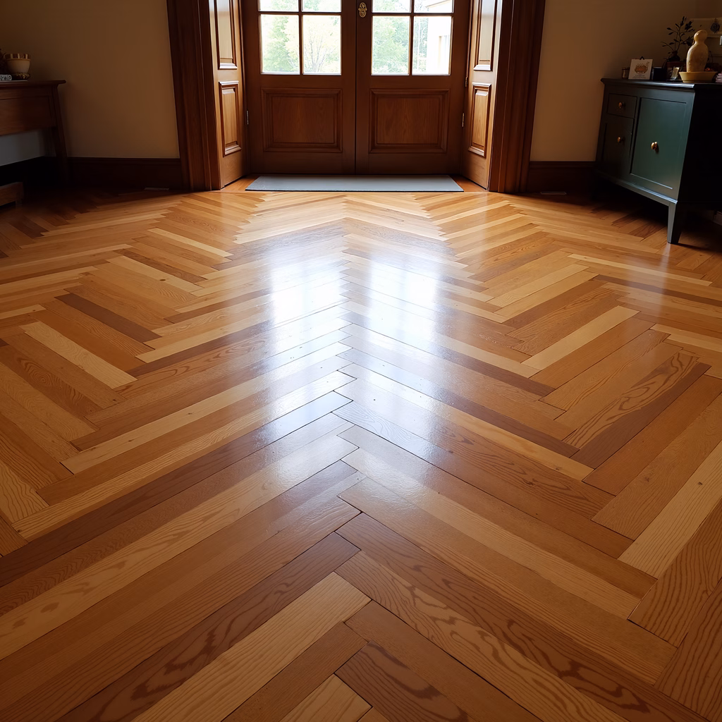 A stunning herringbone wooden floor in a classic interior setting.