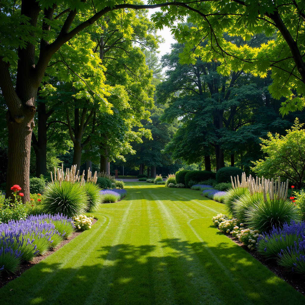 A tranquil garden scene with vibrant greenery and colorful flowers under a sunny sky.