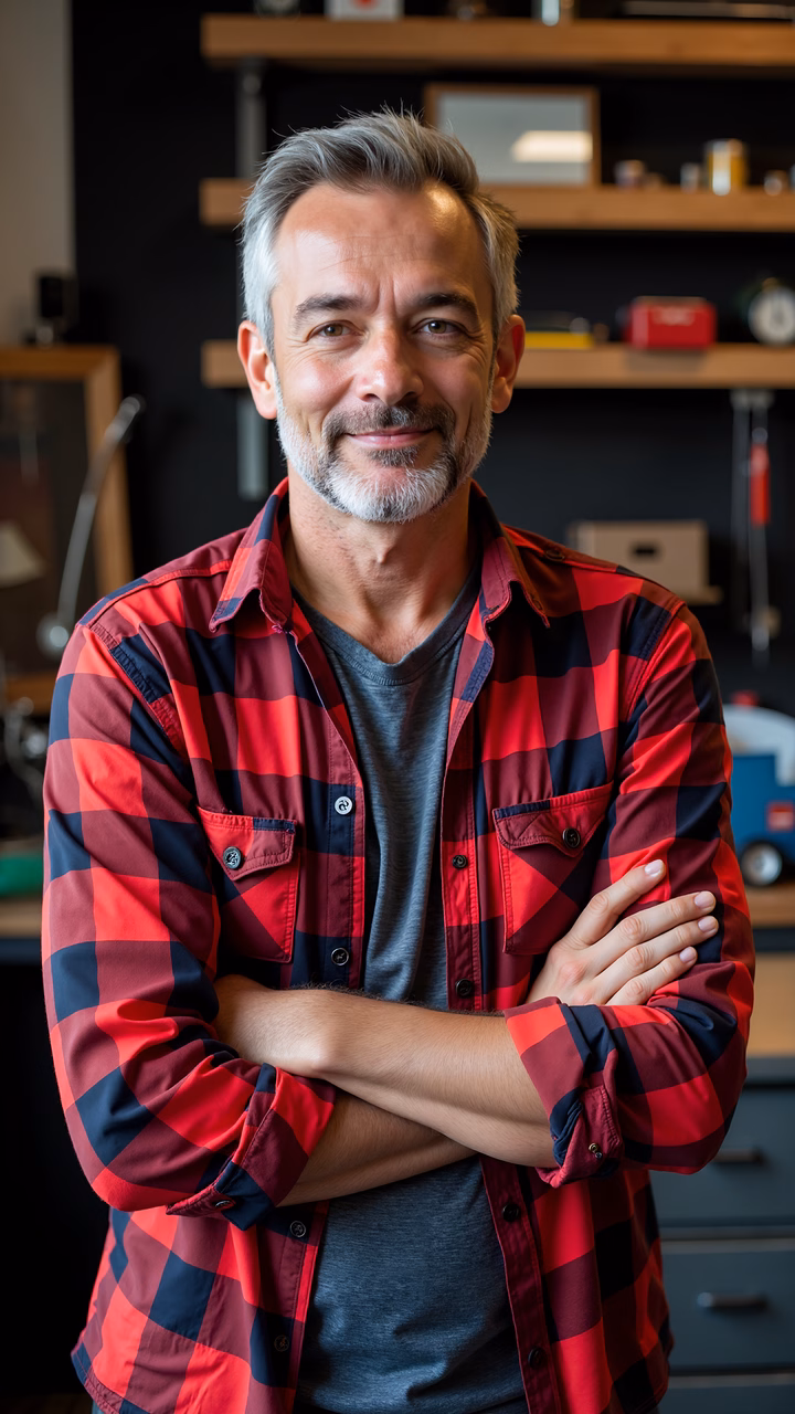 Confident man in plaid shirt, casual portrait in a cozy setting.