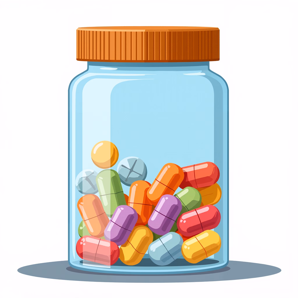 Colorful pills in a glass jar, representing healthcare and medication.