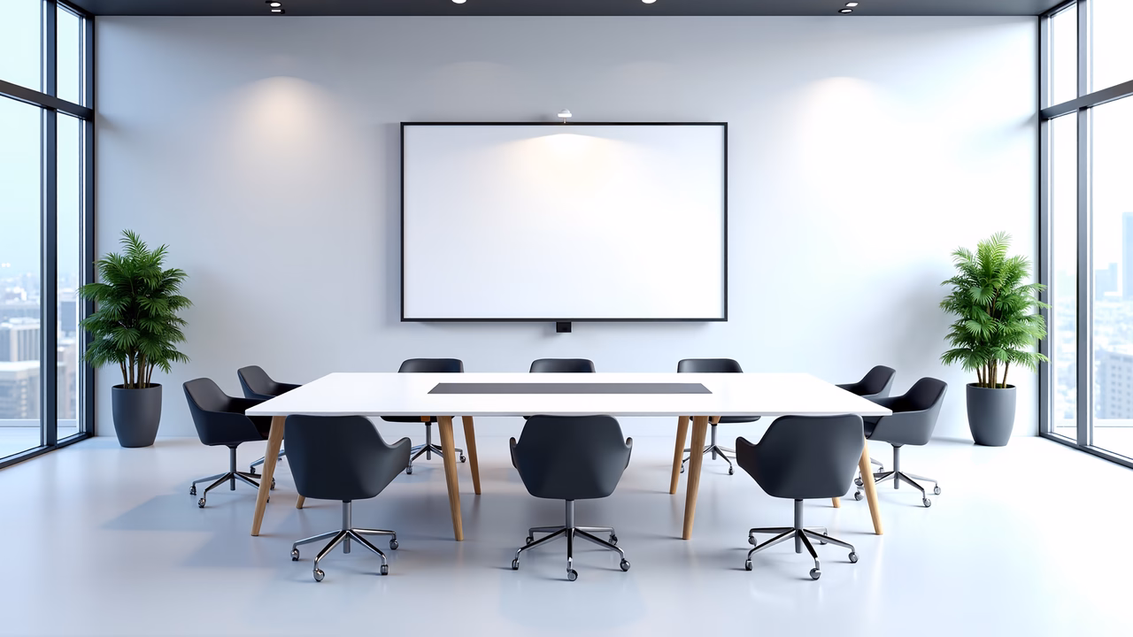Minimalist modern conference room with sleek table, black chairs, and large windows.