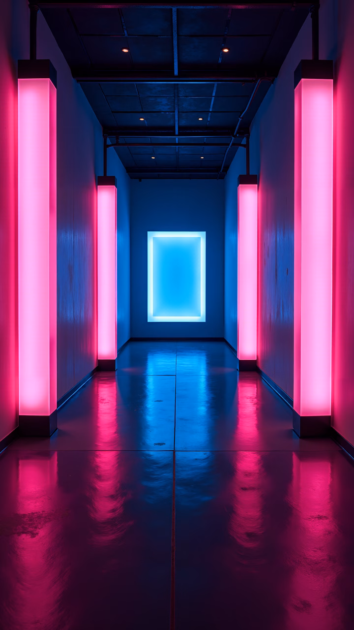 Vibrant neon lights illuminate a sleek, modern hallway, creating a futuristic and energetic atmosphere.