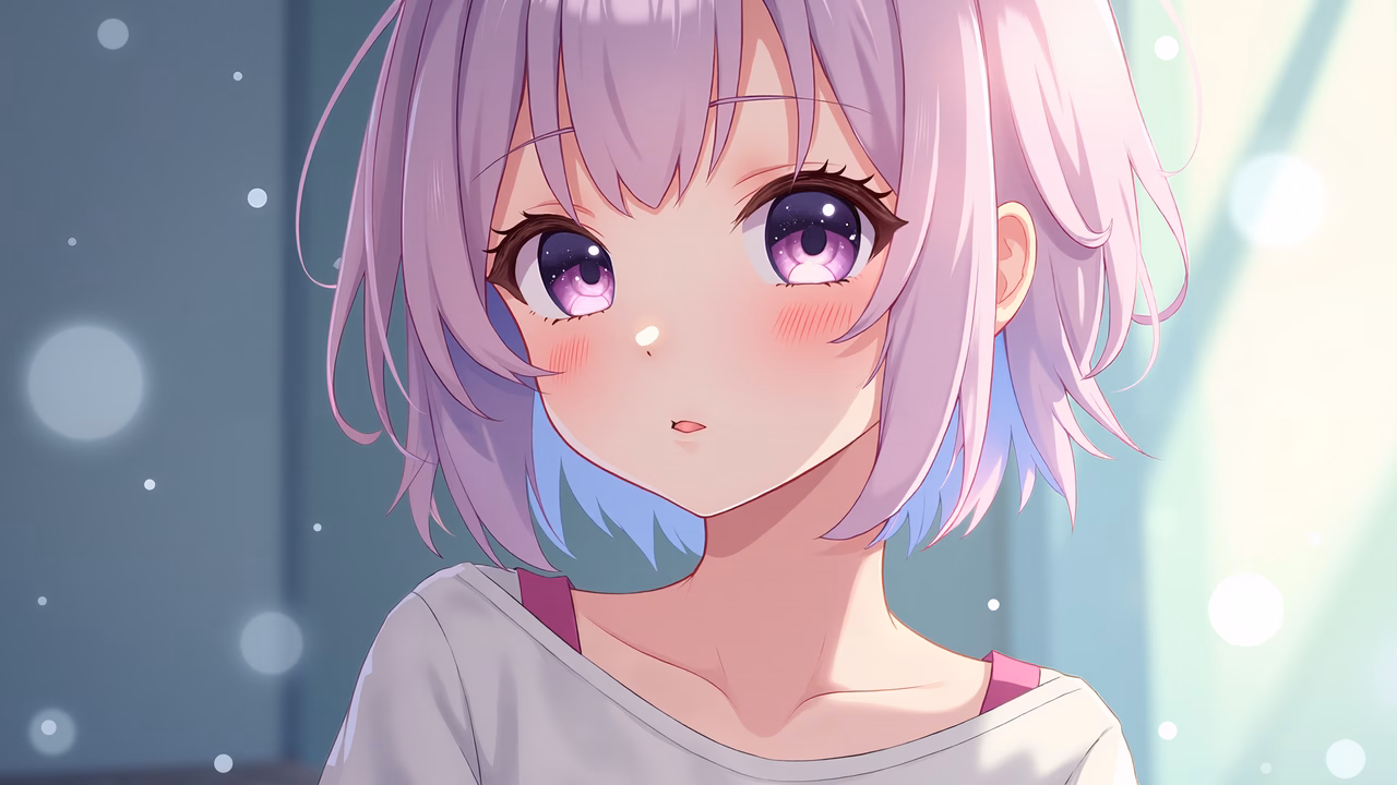 A serene anime illustration featuring a girl with pastel-colored hair and dreamy eyes.