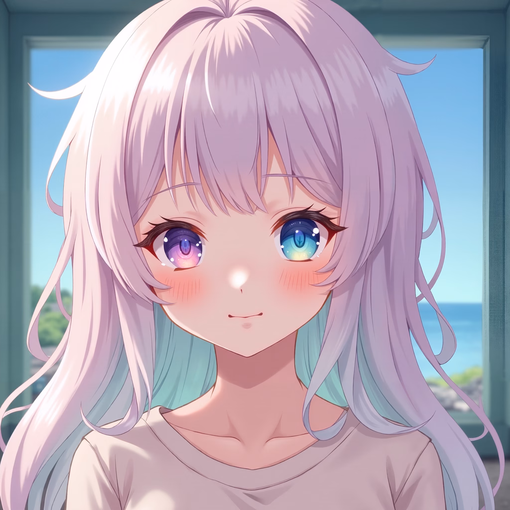Pastel-colored anime character with tranquil expression and soft background.