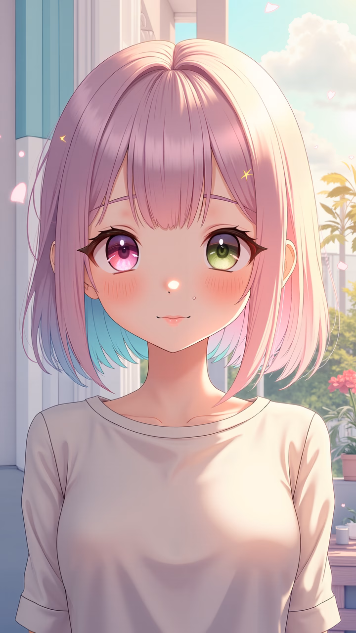 A serene anime portrait with pastel colors and a dreamy outdoor setting.
