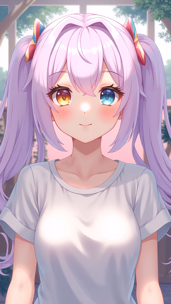 A pastel-colored anime girl with unique eye colors and a serene expression.