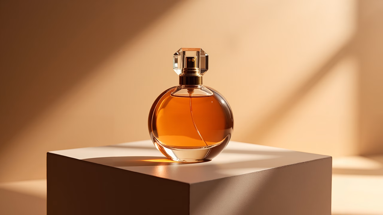 Elegant perfume bottle on a pedestal, illuminated by soft light.