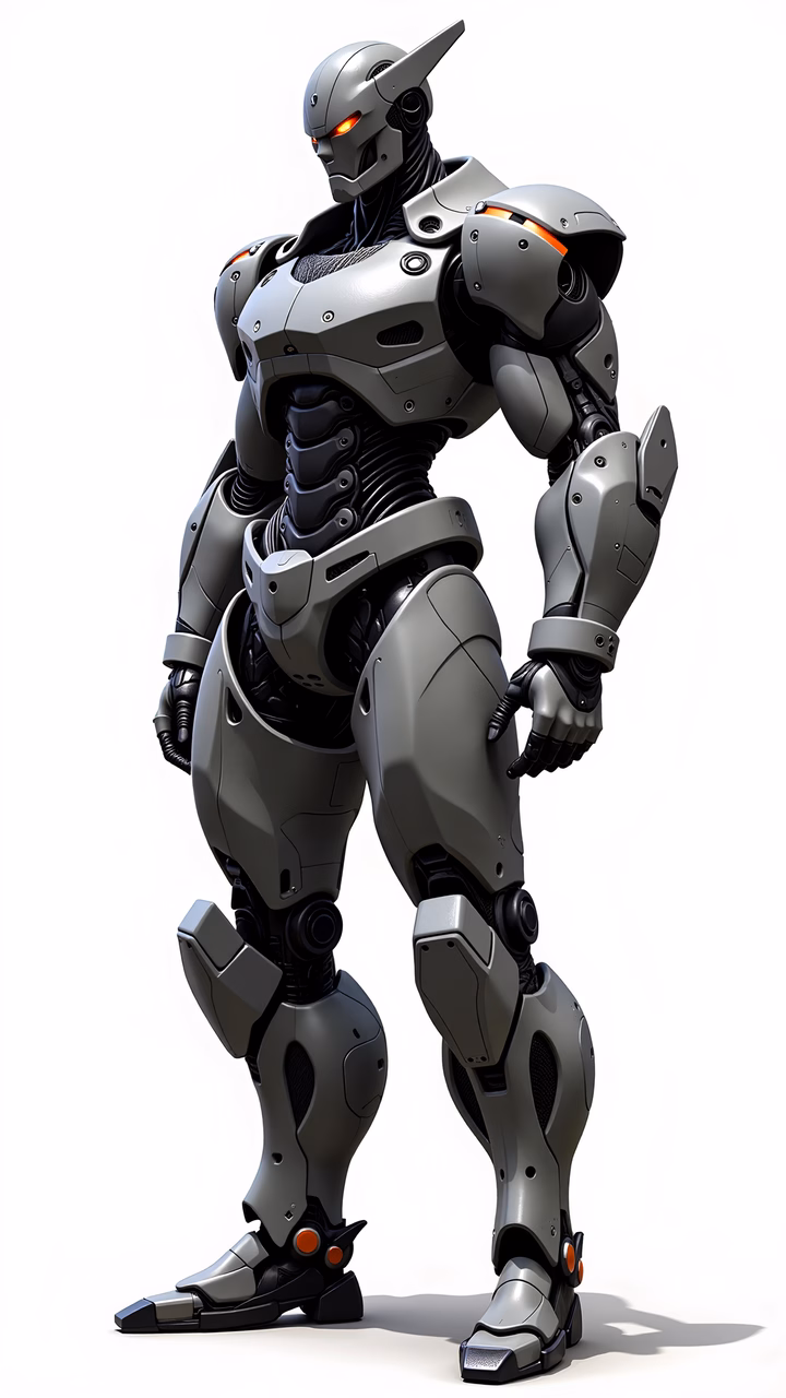 Detailed robotic soldier illustration with metallic and futuristic design.
